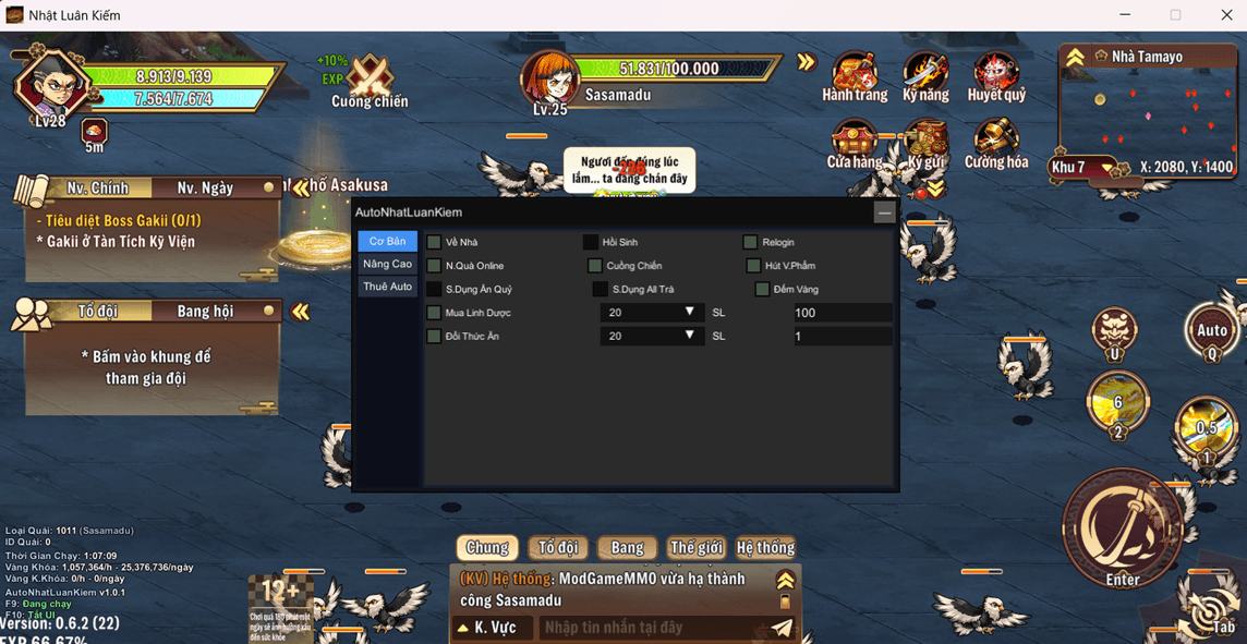 Giao diện tab Cơ Bản của Auto trong game